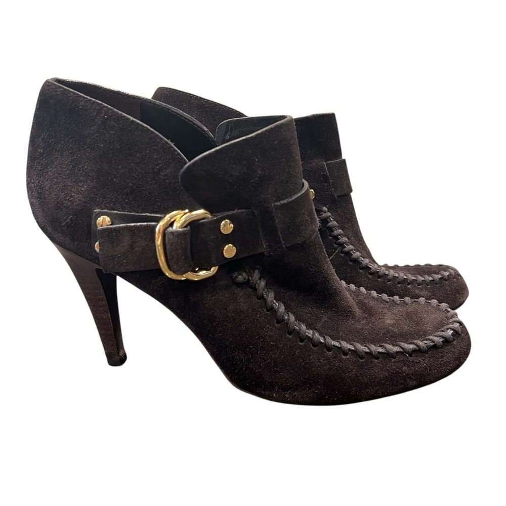 TORY BURCH Belen Suede Ankle Stiletto Booties Brown Buckle Women’s Size 10.5